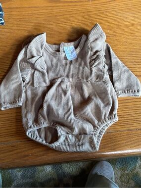 Velvet Fawn Tan Knit Baby Romper with Chest Ruffle Detail